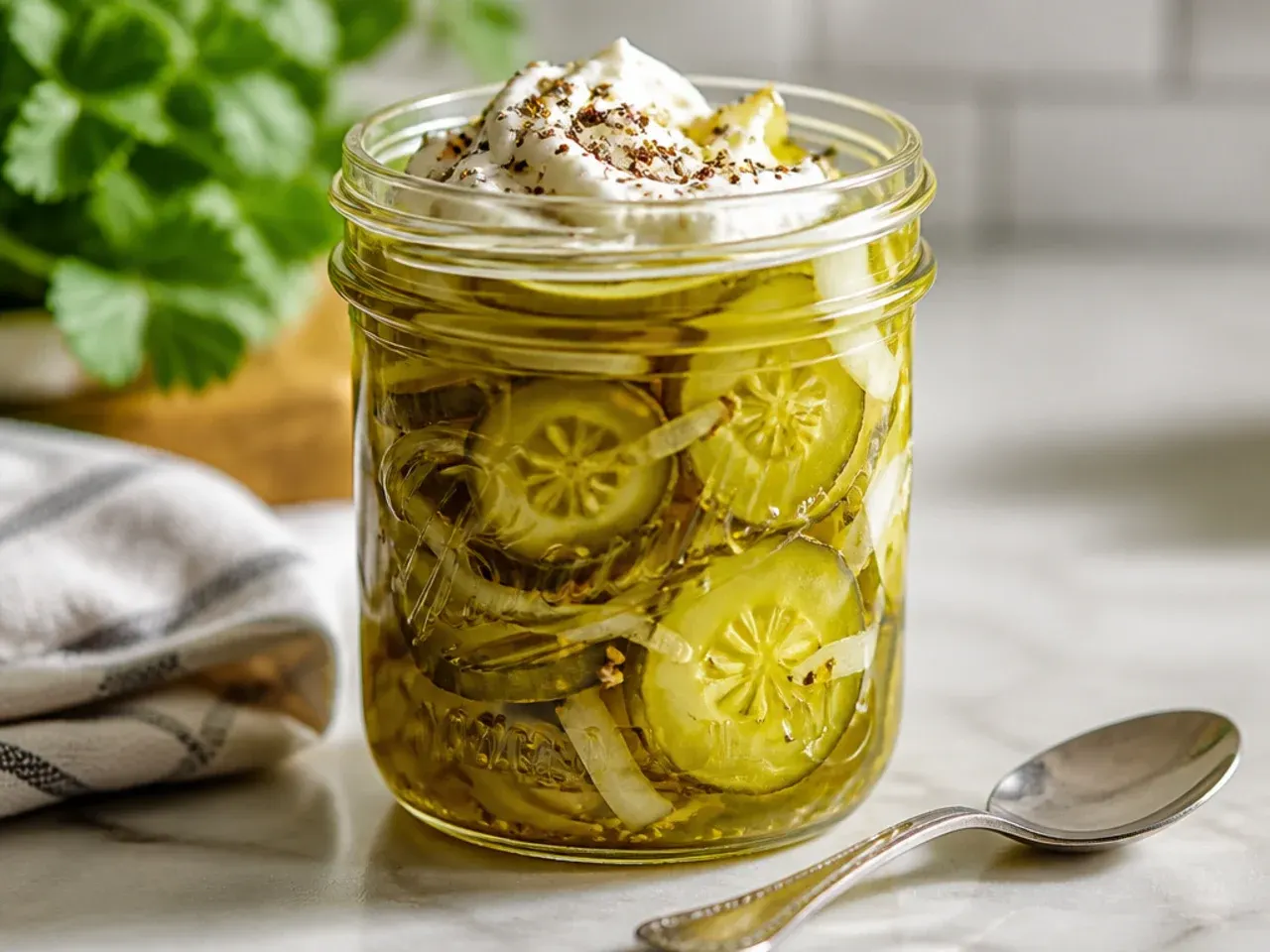 Jar of honey-sweetened pickles with a honey dipper resting on the lid