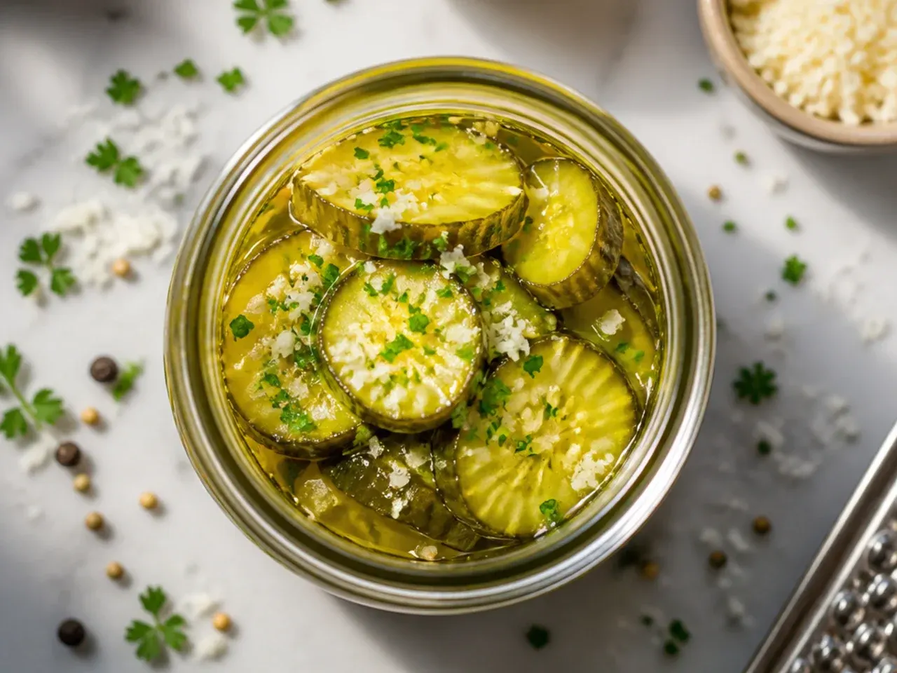 Four large mason jars packed full of budget bread and butter pickles lined up on a counter