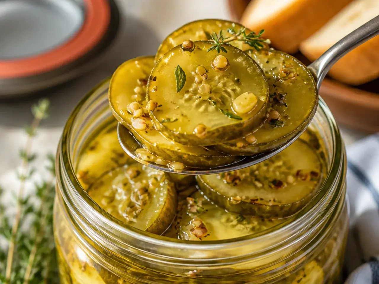 Jar of pickles with visible garlic cloves and fresh dill fronds among the cucumber slices