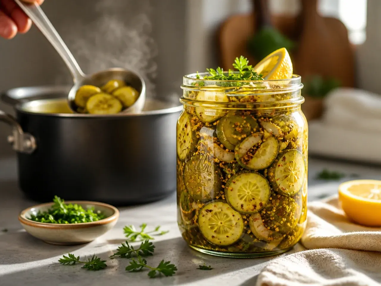 Vivid golden curry-spiced pickle slices in a jar with visible grated ginger