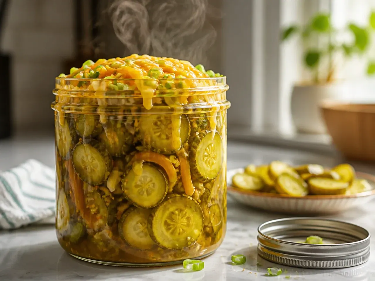Row of eight labelled mason jars filled with bread and butter pickles on a fridge shelf