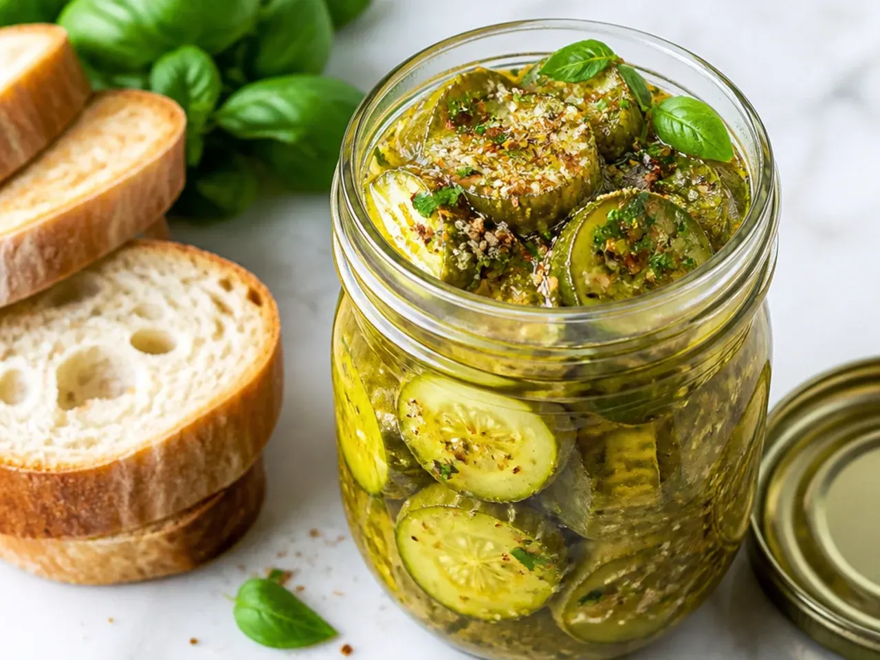 Close-up of extra-crisp pickle slices with a visible ice bath bowl in the background