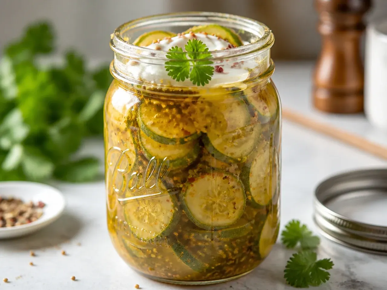 Bowl of cucumber and onion slices resting on ice with a kitchen timer beside it