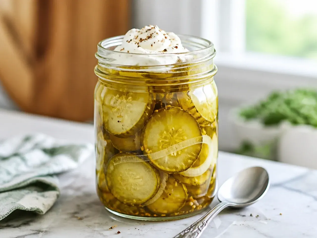 Rustic jar of deep amber Amish-style pickles with visible allspice berries
