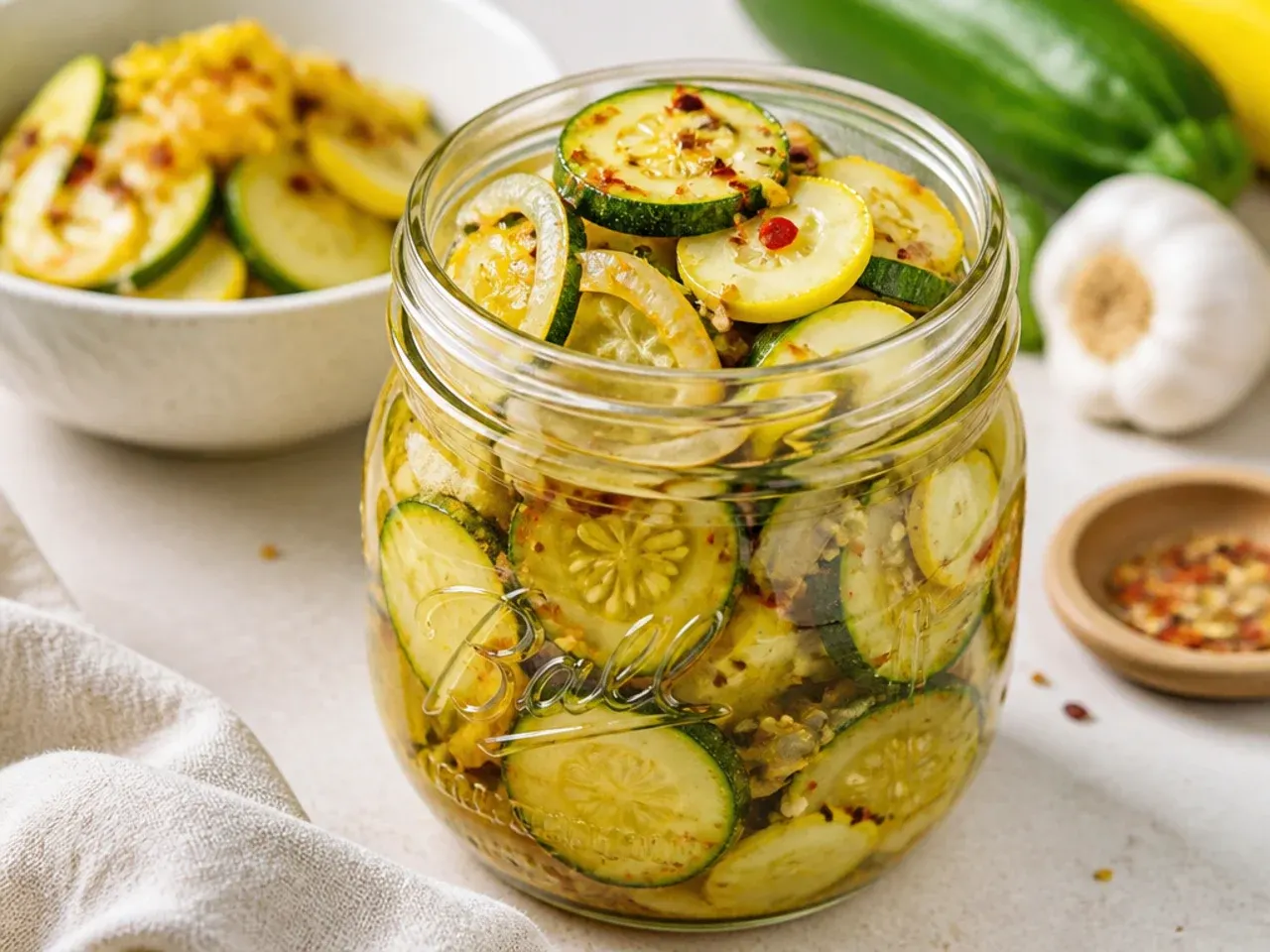 Jar of golden pickled zucchini rounds next to fresh zucchini and yellow squash