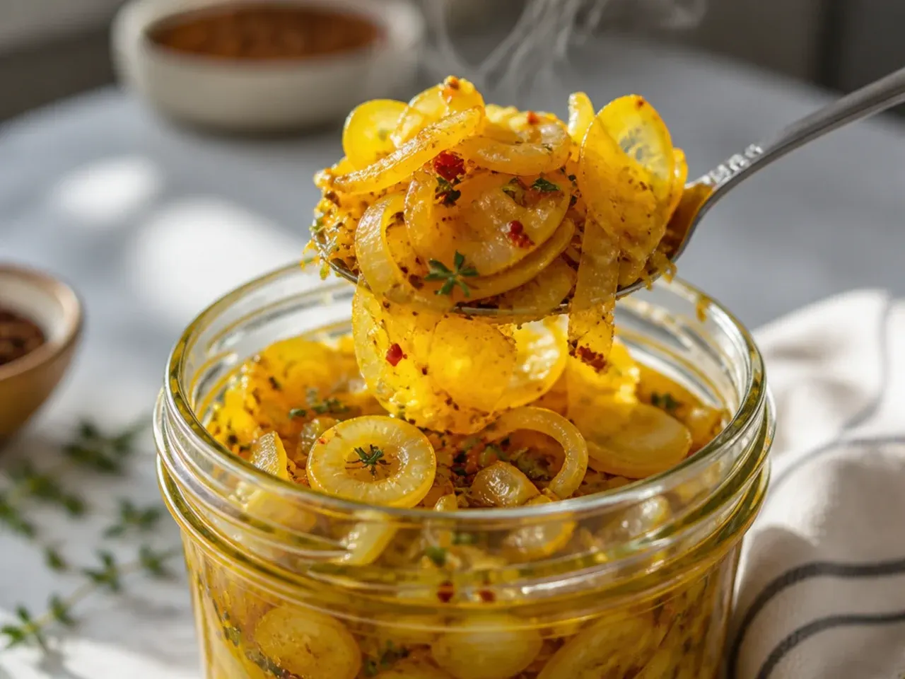 Jar of golden beet pickle slices with visible onion rings in a bright turmeric brine