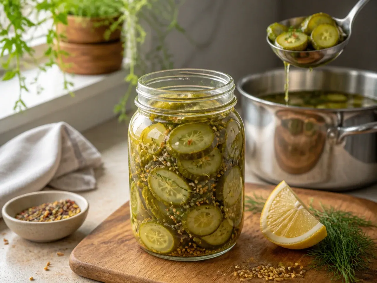 Jar of tangy low-sugar pickle slices beside a small dish of sugar substitute