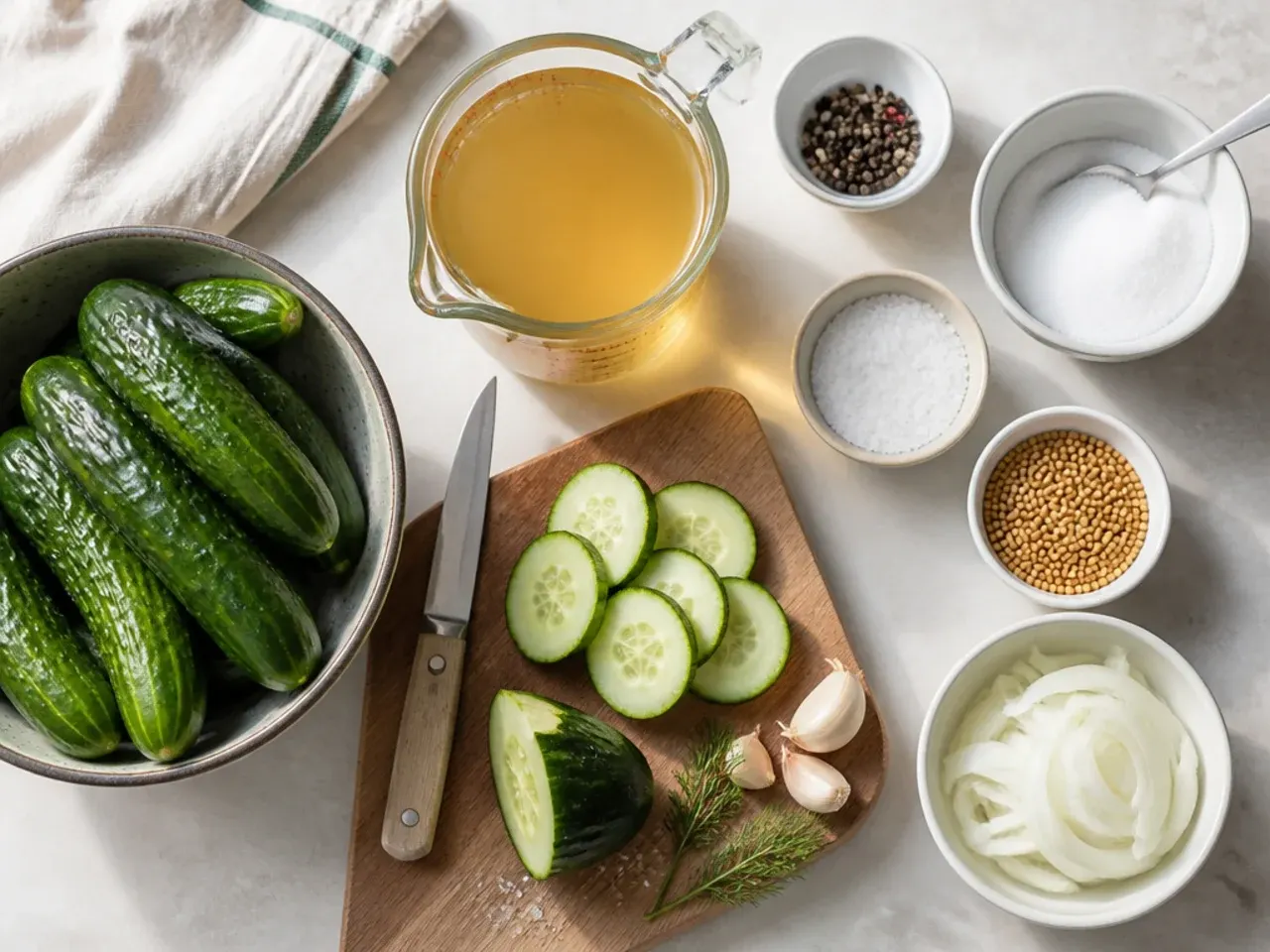 Hands packing sliced cucumbers tightly into a sterilised glass jar before adding brine