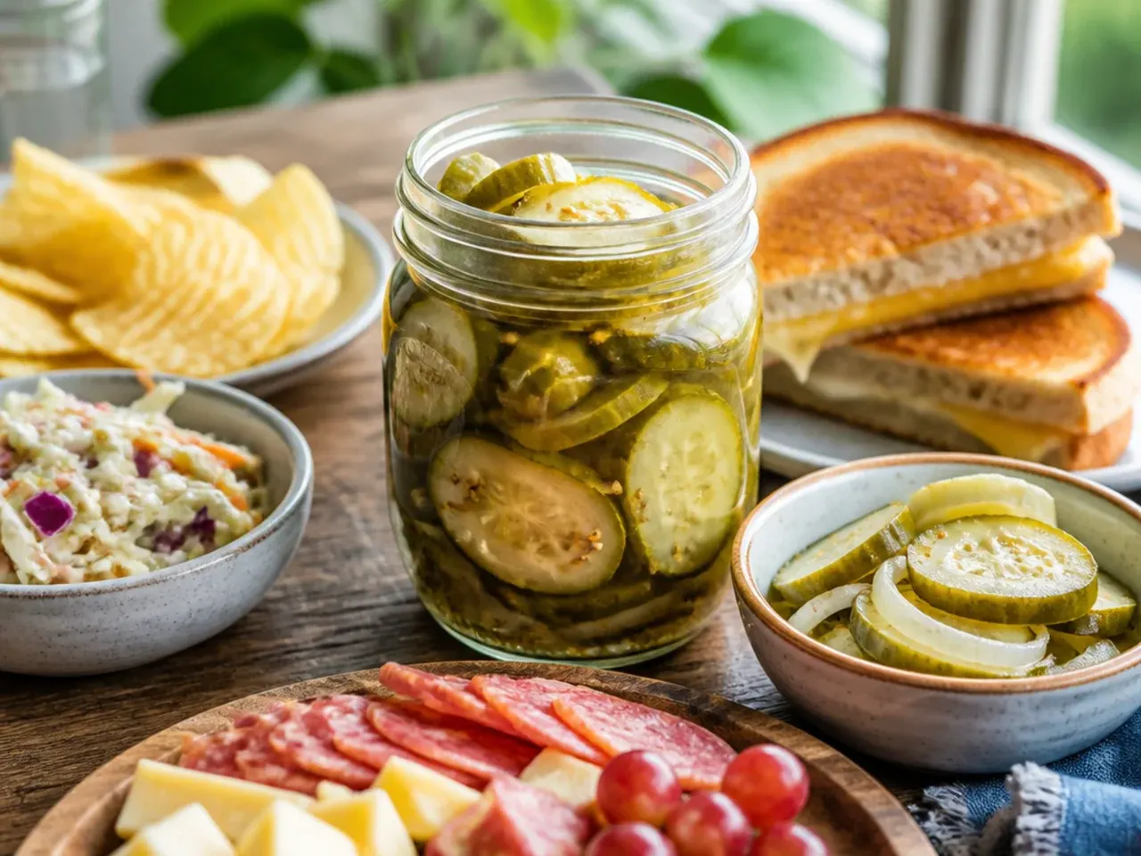 Burger topped with bread and butter pickle slices next to a small dish of extra pickles