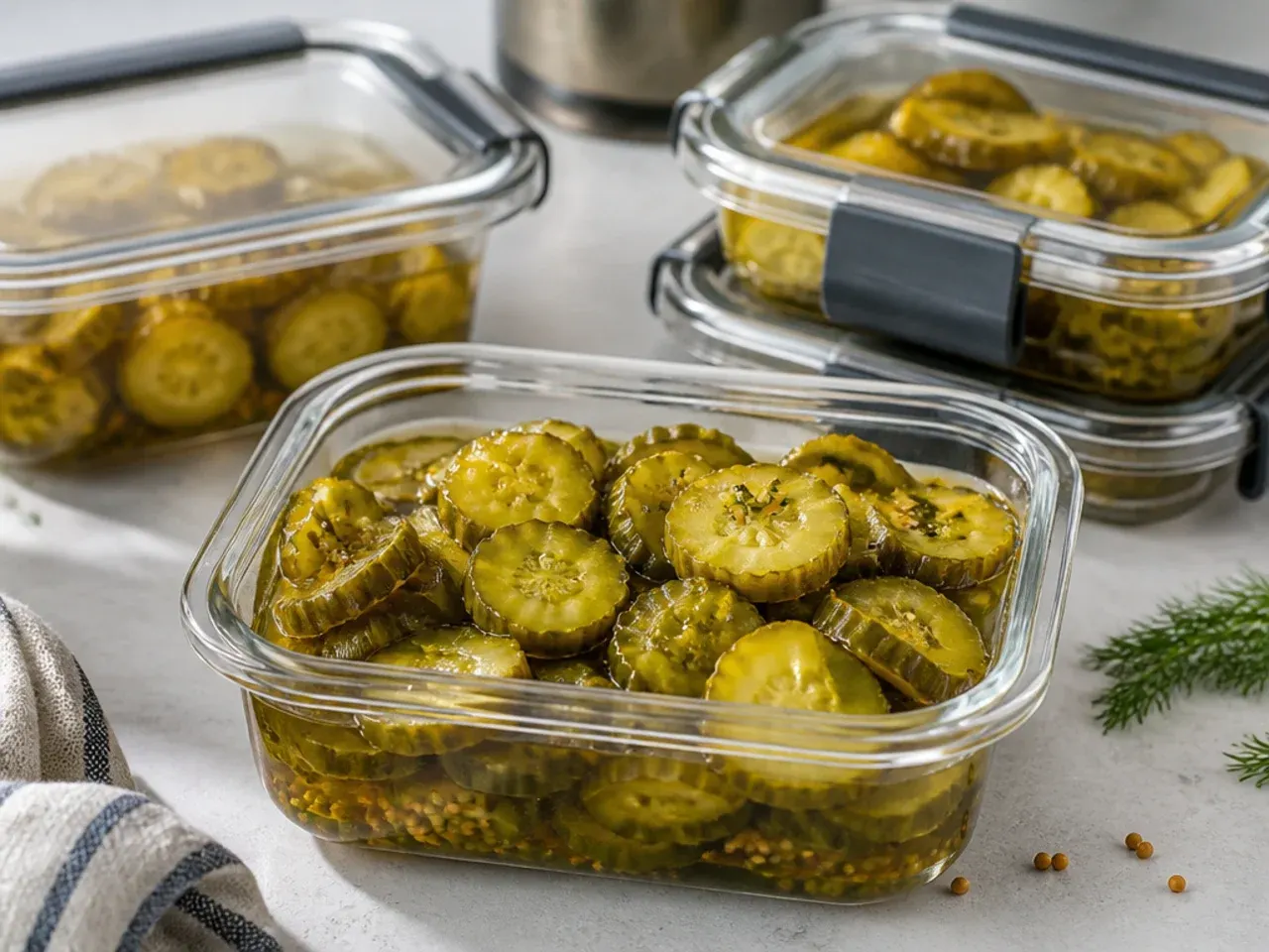 Sealed jar of bread and butter pickles on a refrigerator shelf beside other condiments