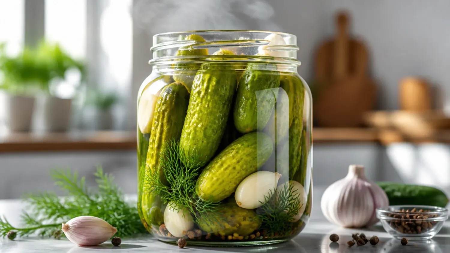 Overhead shot of a glass jar packed with crunchy refrigerator dill pickle spears, fresh dill fronds and garlic cloves, brine glistening in natural light