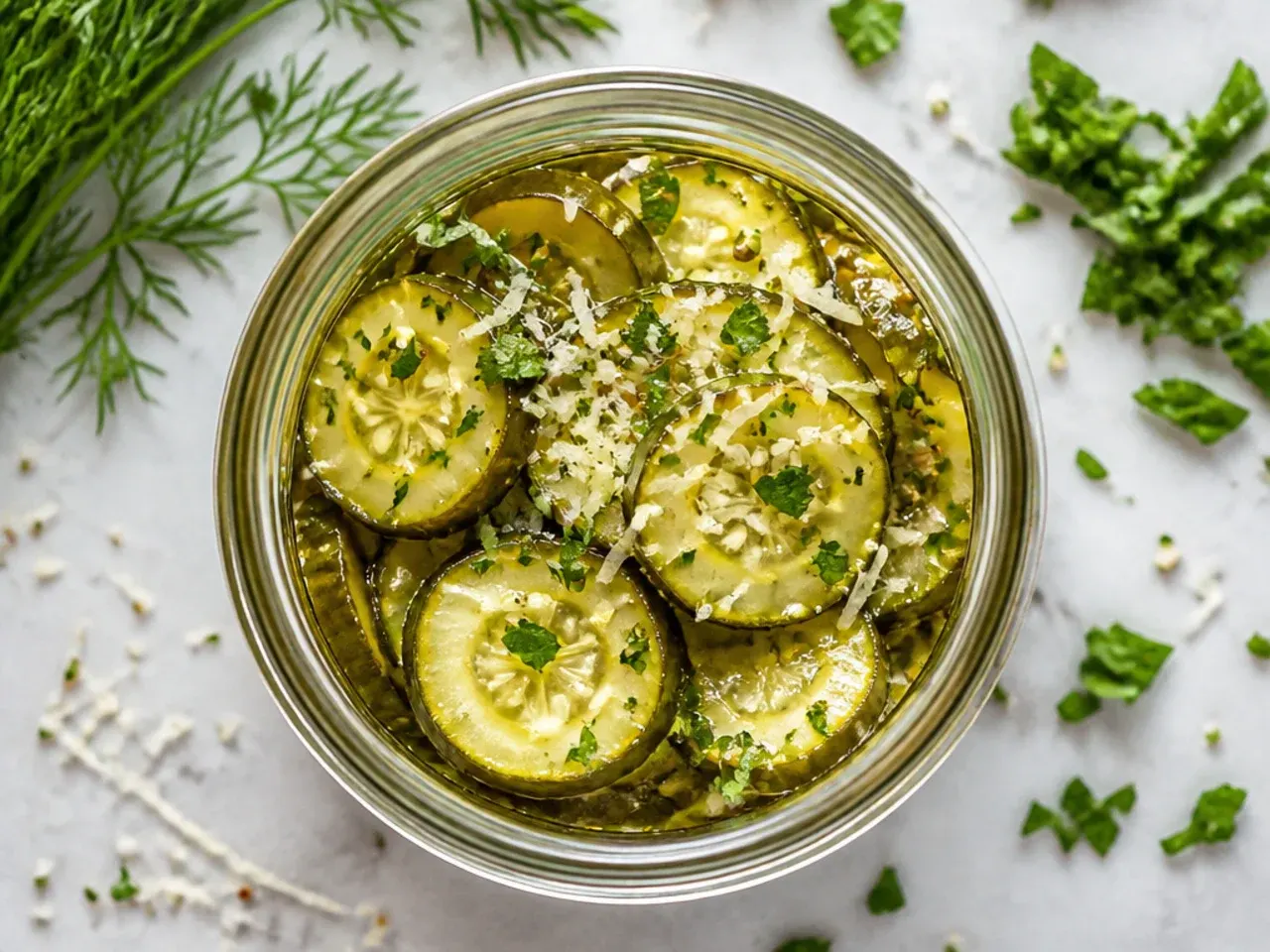 Jar of classic garlic dill pickle spears in clear brine with mustard seeds visible