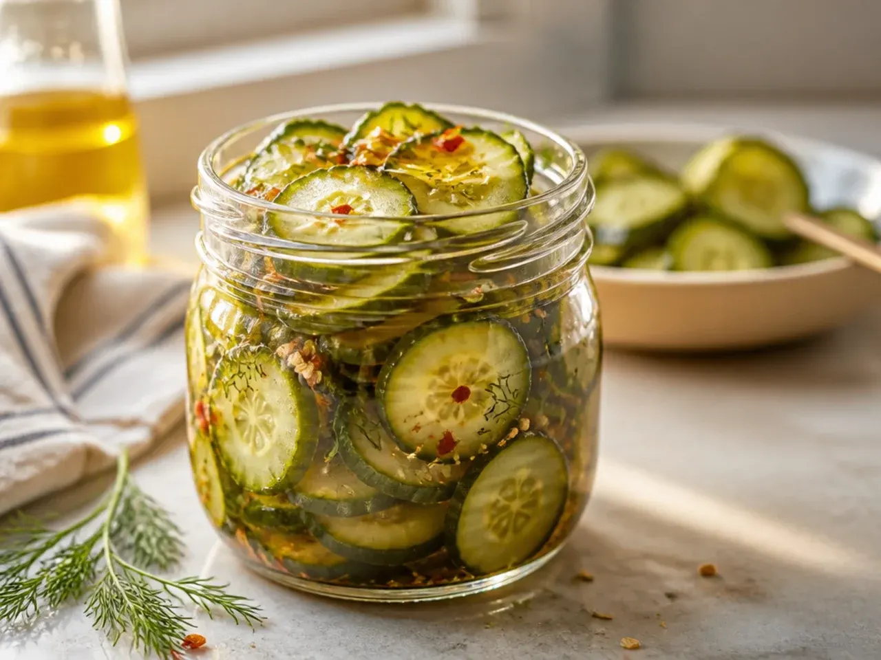 Sliced Kirby cucumber chips layered in a wide-mouth jar with dill