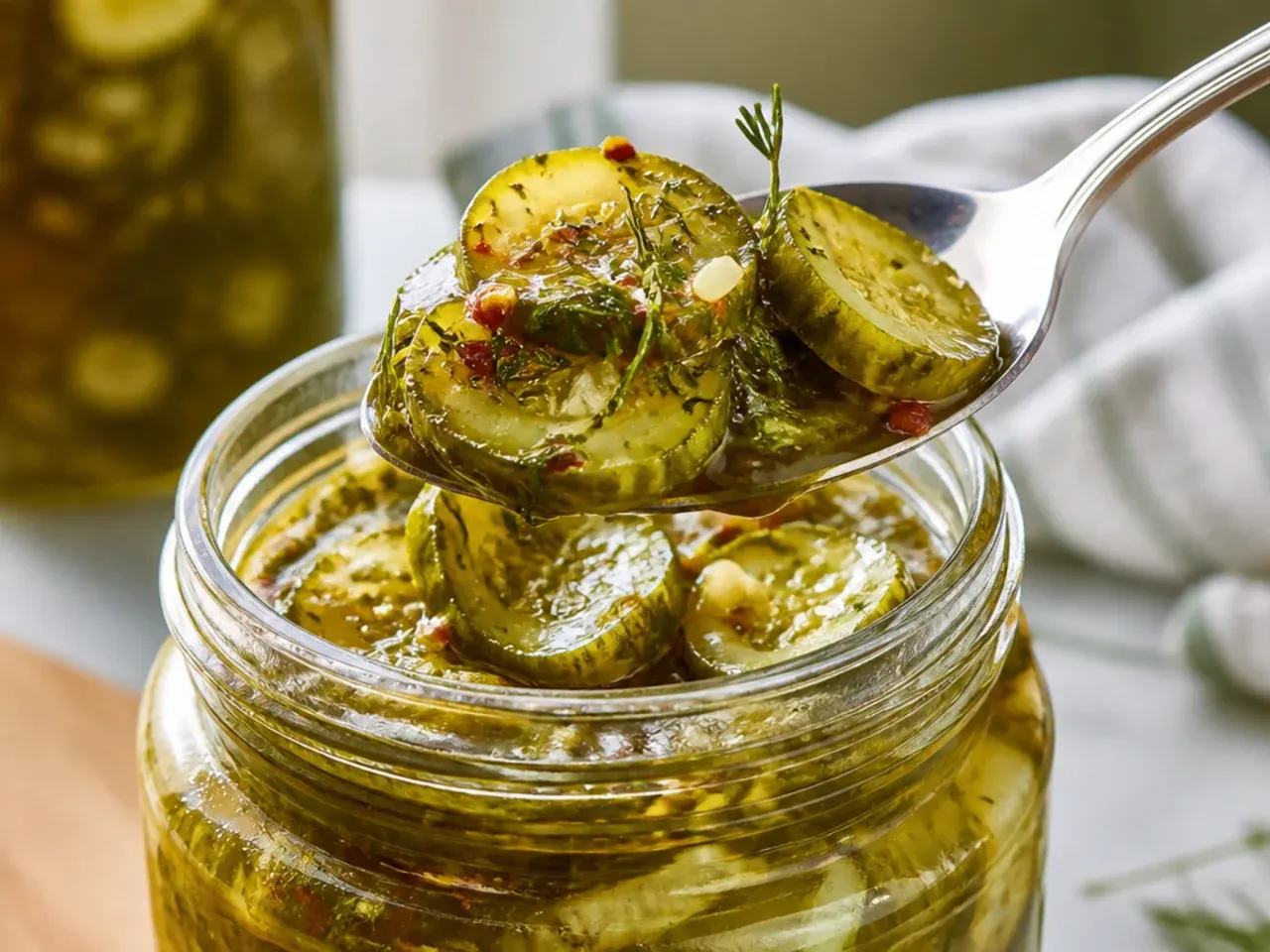 Thin coin-cut Persian cucumbers in brine inside a small glass jar