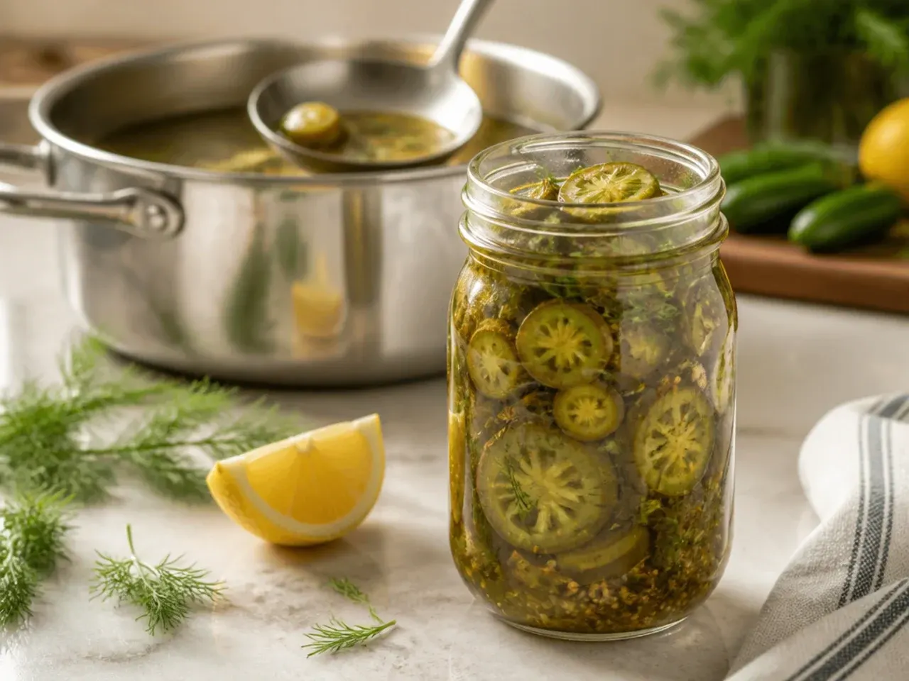 Sliced jalapeños and dill pickle spears packed together in a brine-filled jar