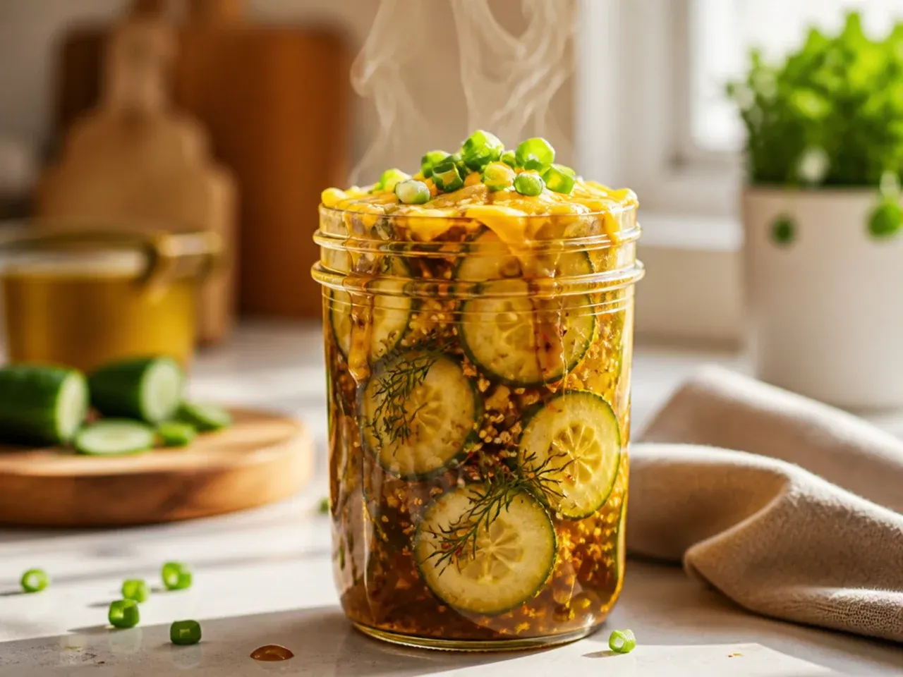 Golden honey-dill brine being poured over cucumber spears with red pepper flakes