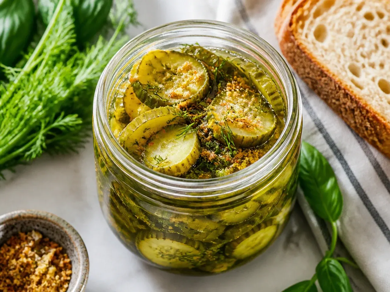 Half-sour deli-style pickles with visible dill heads in a lightly cloudy brine