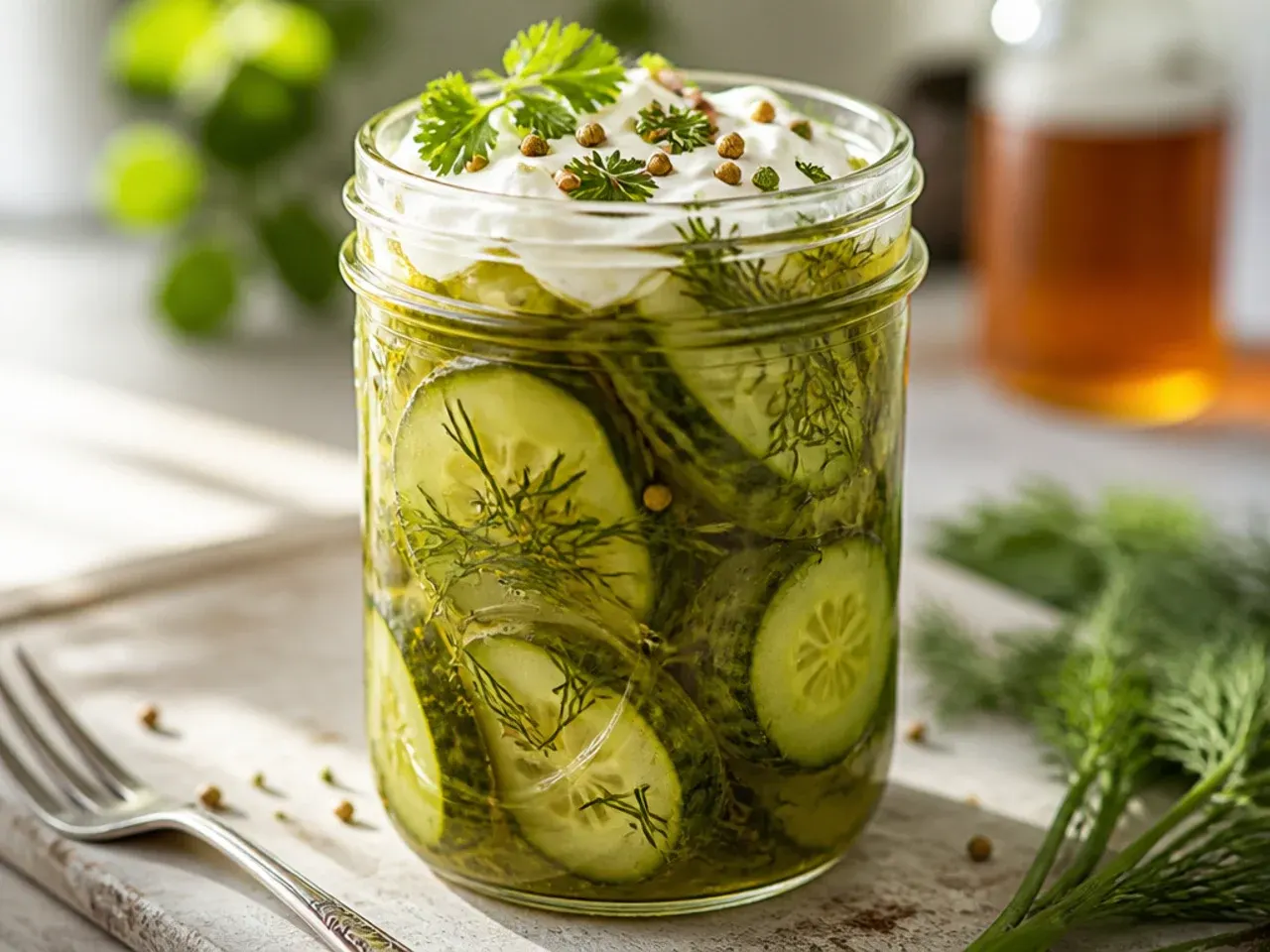 Amber-toned apple cider vinegar brine surrounding cucumber spears and a bay leaf