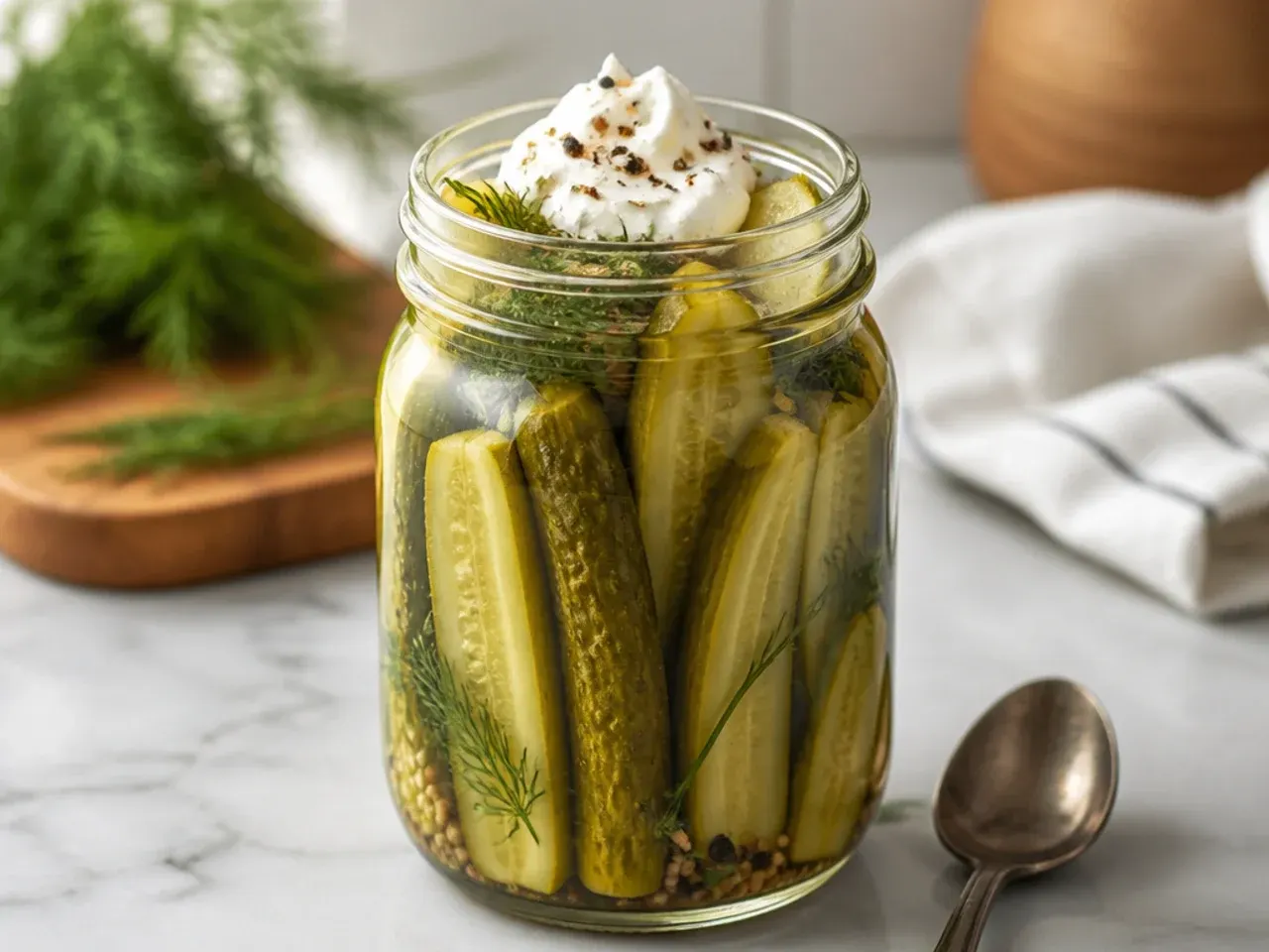 Jar labelled low-sodium dill pickles with extra garlic and dill sprigs visible