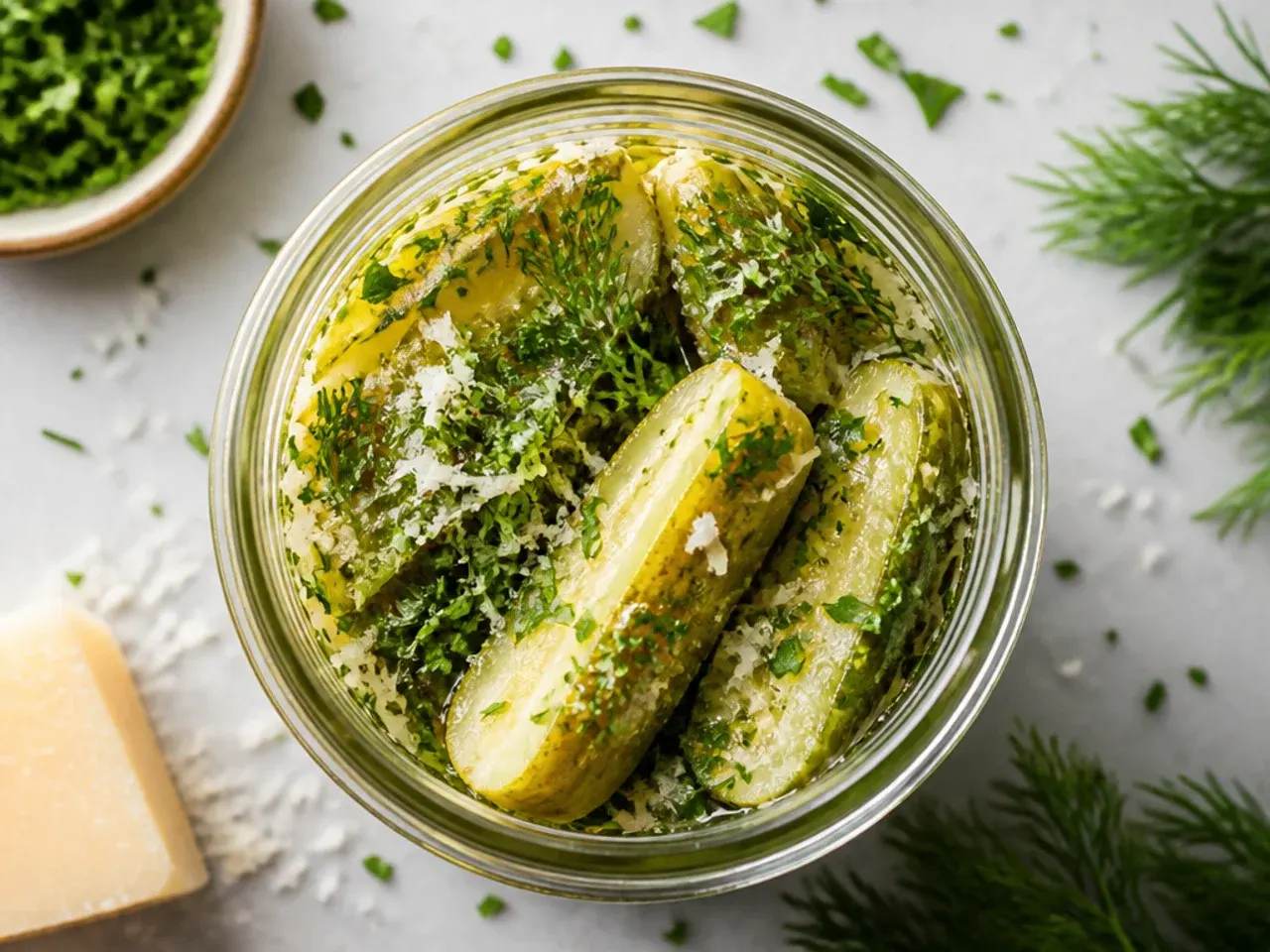 Sharp, clear brine dill pickle spears with no visible sugar residue