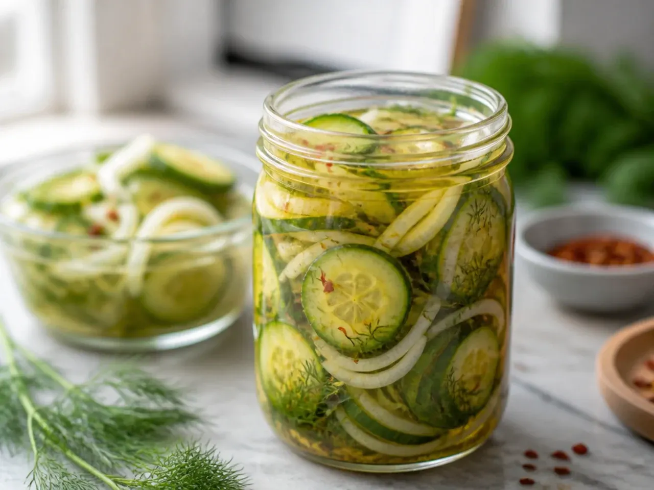 Cucumber spears and thick sweet onion rings packed together in brine