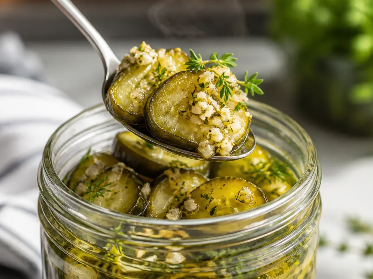Jar packed with smashed whole garlic cloves and dill pickle spears