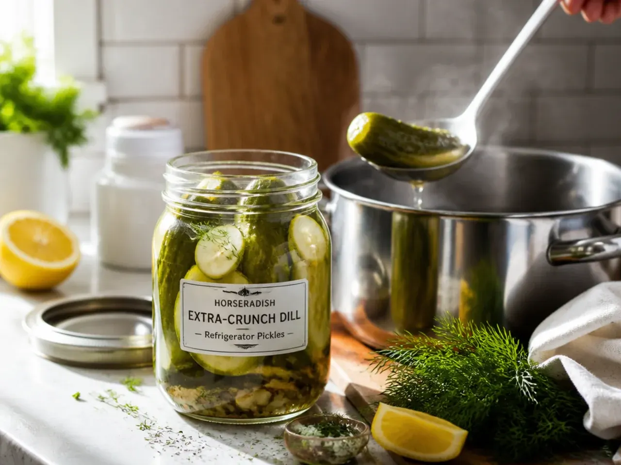 Thin horseradish root slices tucked among dill pickle spears in brine