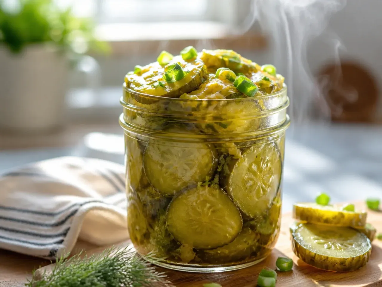 Ranch-flecked cloudy brine surrounding dill pickle chips in a jar