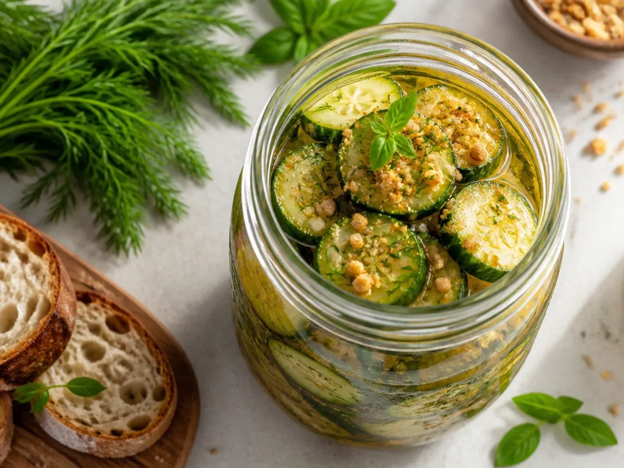 Golden turmeric-tinted curry brine surrounding cucumber spears and ginger slices
