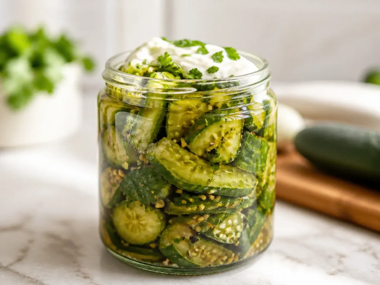 Rough-smashed cucumber chunks in a shallow dish next to a jar of brine