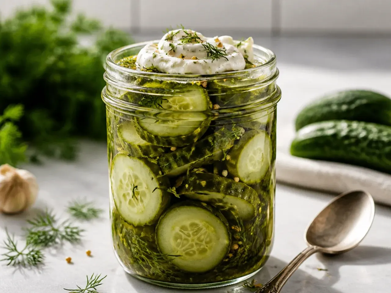 Cold brine being whisked in a glass jug beside a jar of raw cucumber spears