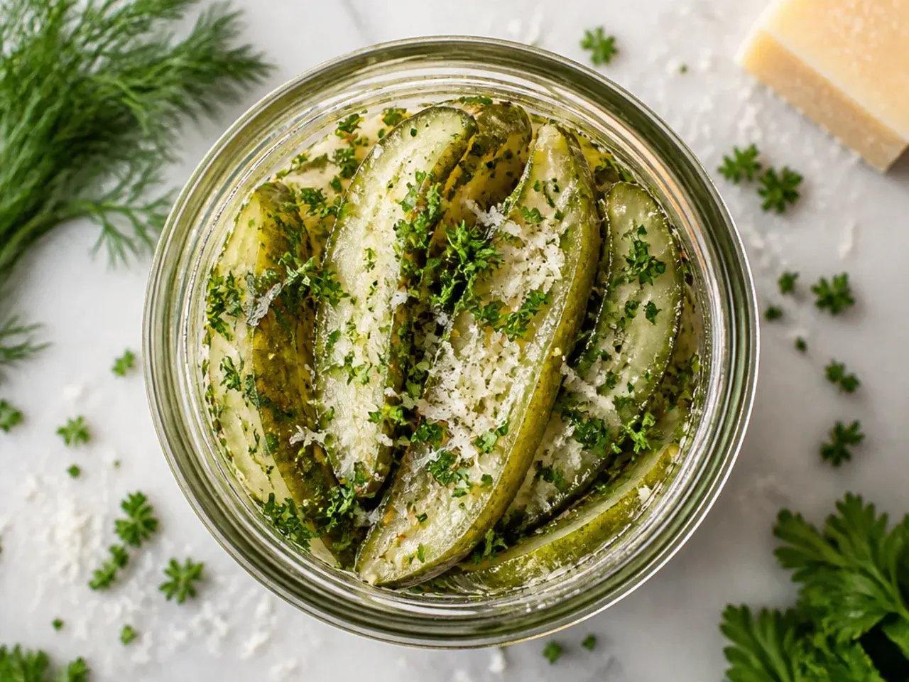 Cucumber spears submerged in a bowl of ice water before pickling