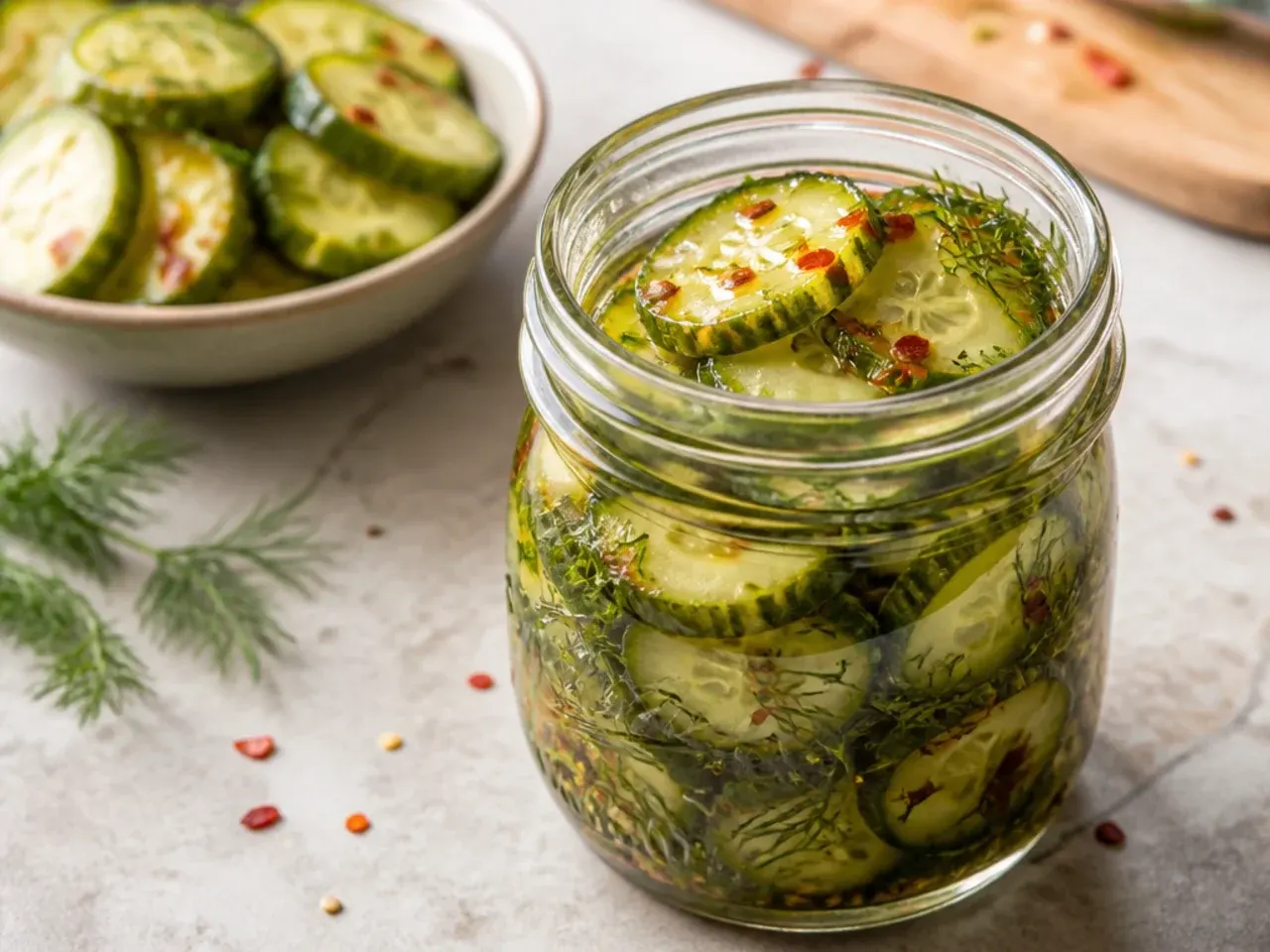 Jug of chilled brine being poured over packed cucumber spears in a jar