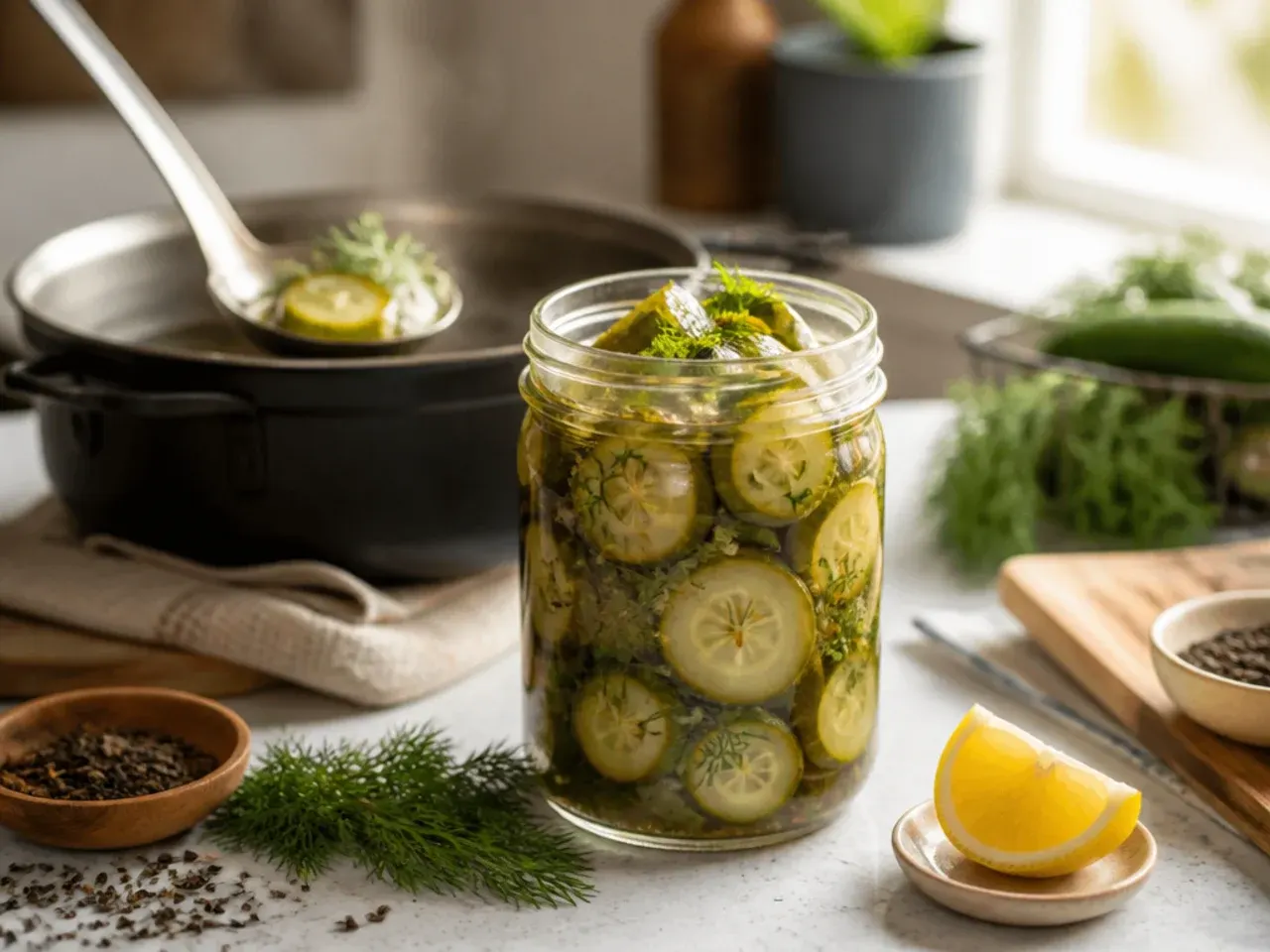 Black tea bag resting among dill pickle spears in a clear brine-filled jar