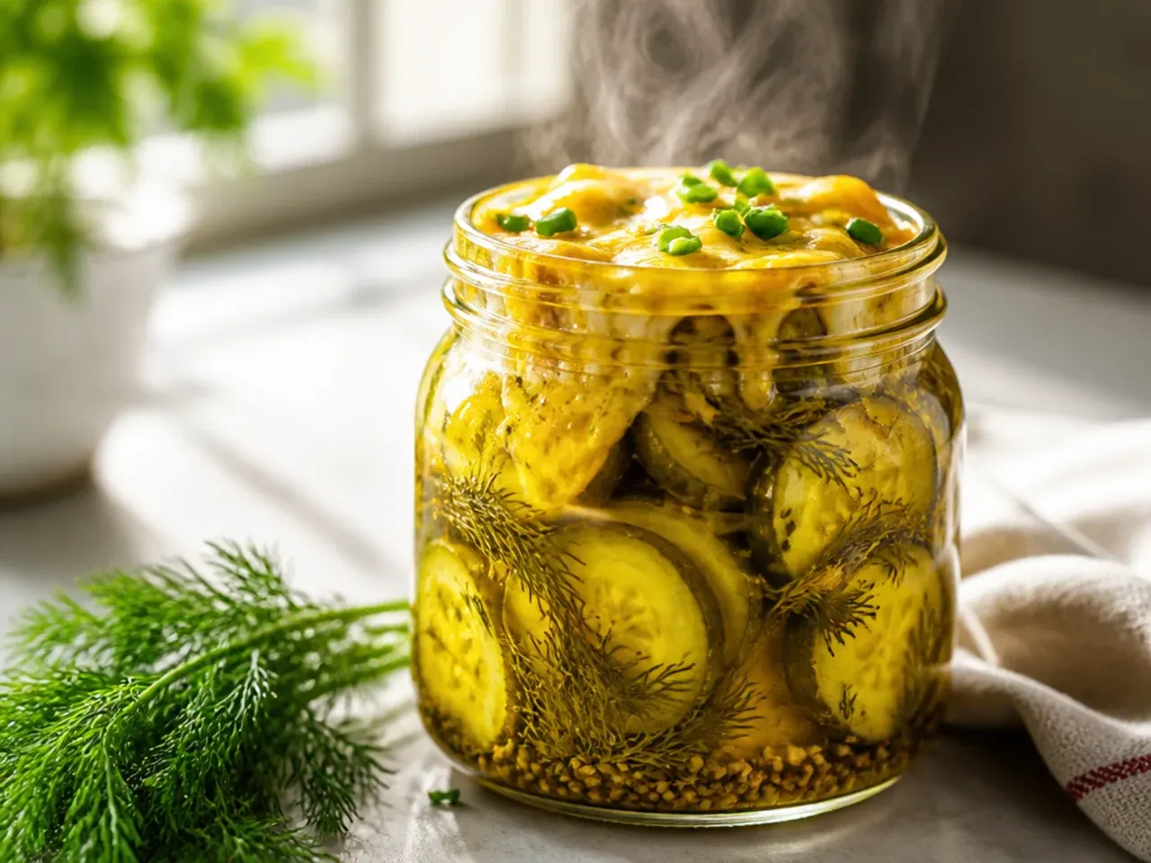 Golden turmeric-tinted brine surrounding cucumber spears in a glass jar