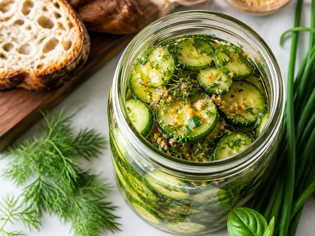 Snipped fresh chives and dill sprigs floating in a jar of cucumber brine