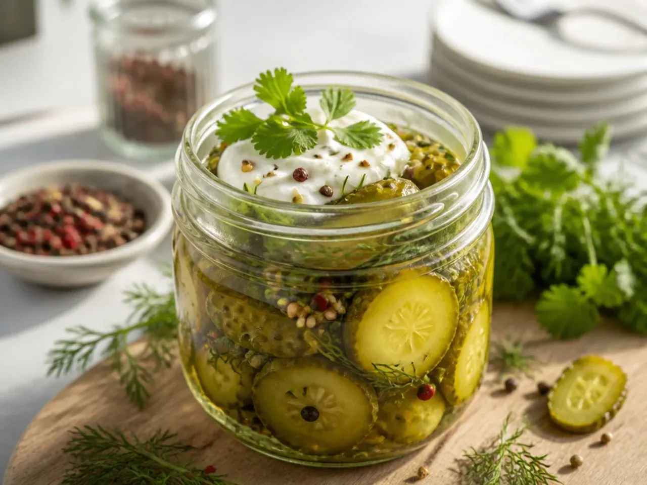 Mixed black, white and pink peppercorns visible through the glass of a pickle jar
