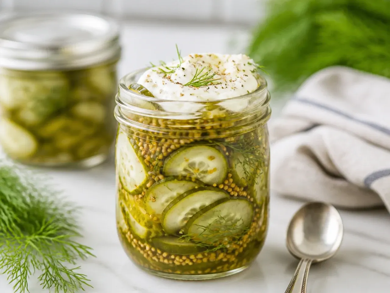 Toasted mustard seeds scattered over cucumber spears before brine is added