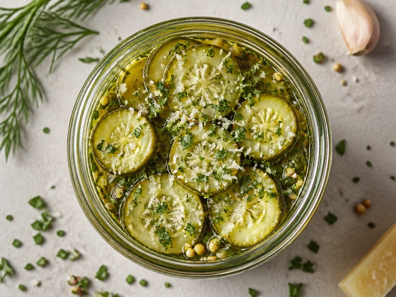 Golden sweet bread-and-butter style pickle chips with celery seed visible in brine