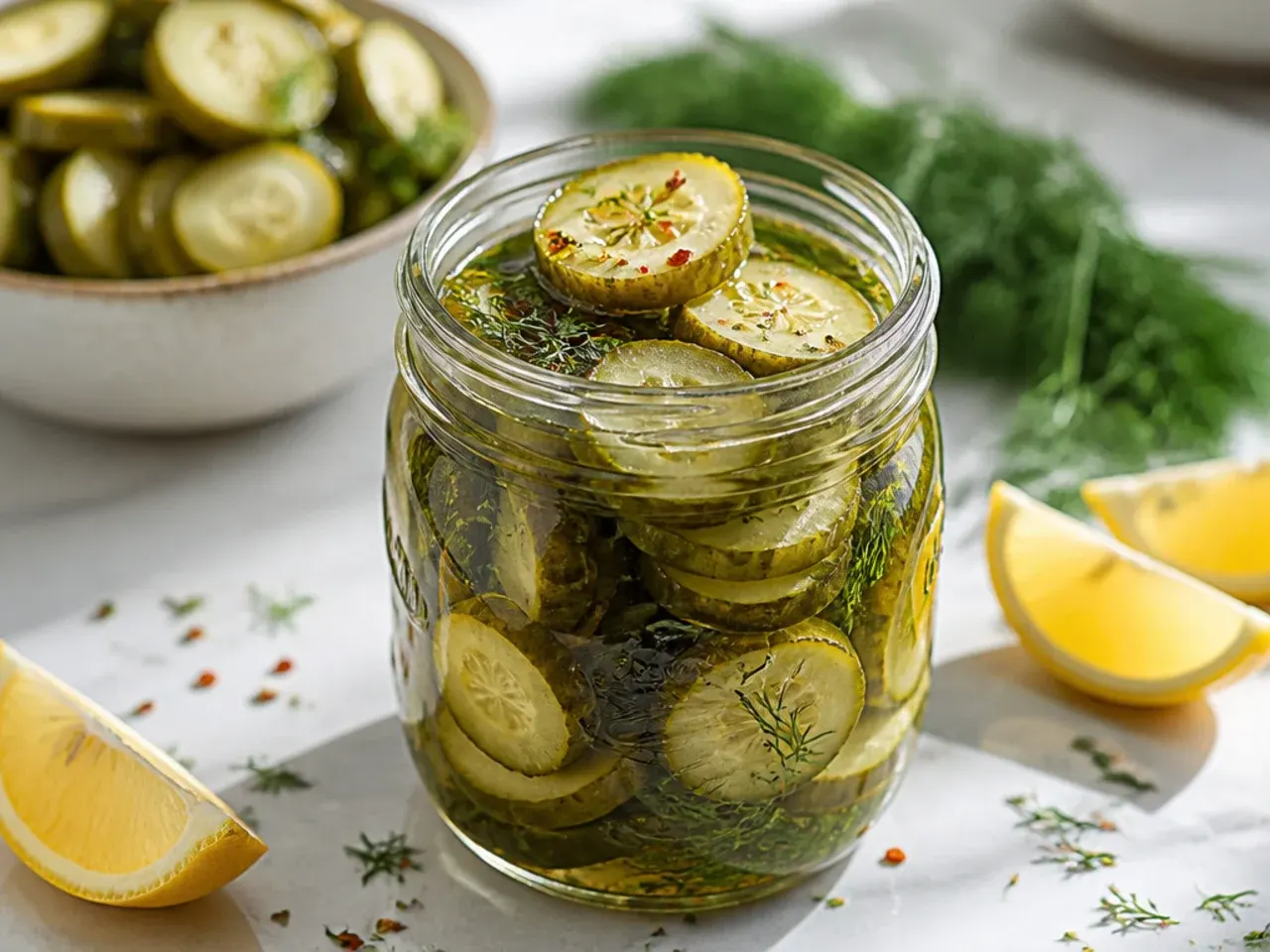 Thin lemon slices and a curl of zest tucked among cucumber spears in brine