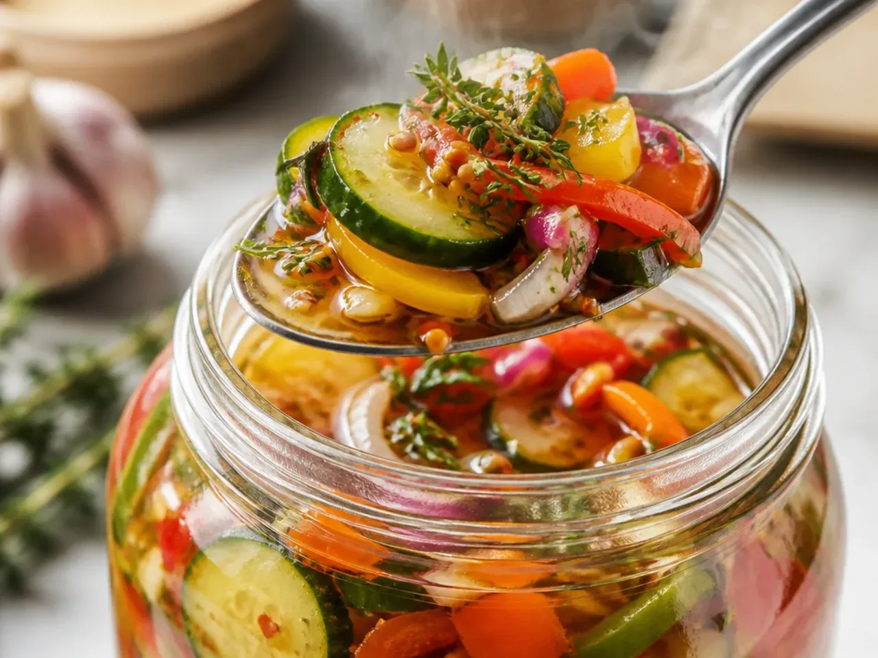 Mixed jar of cucumber spears, carrot sticks and cauliflower florets in brine