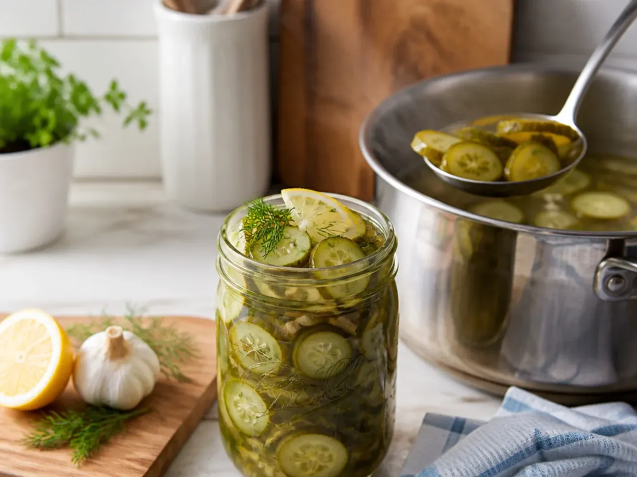 Large half-gallon jar packed tightly with cucumber spears and dill for a big batch