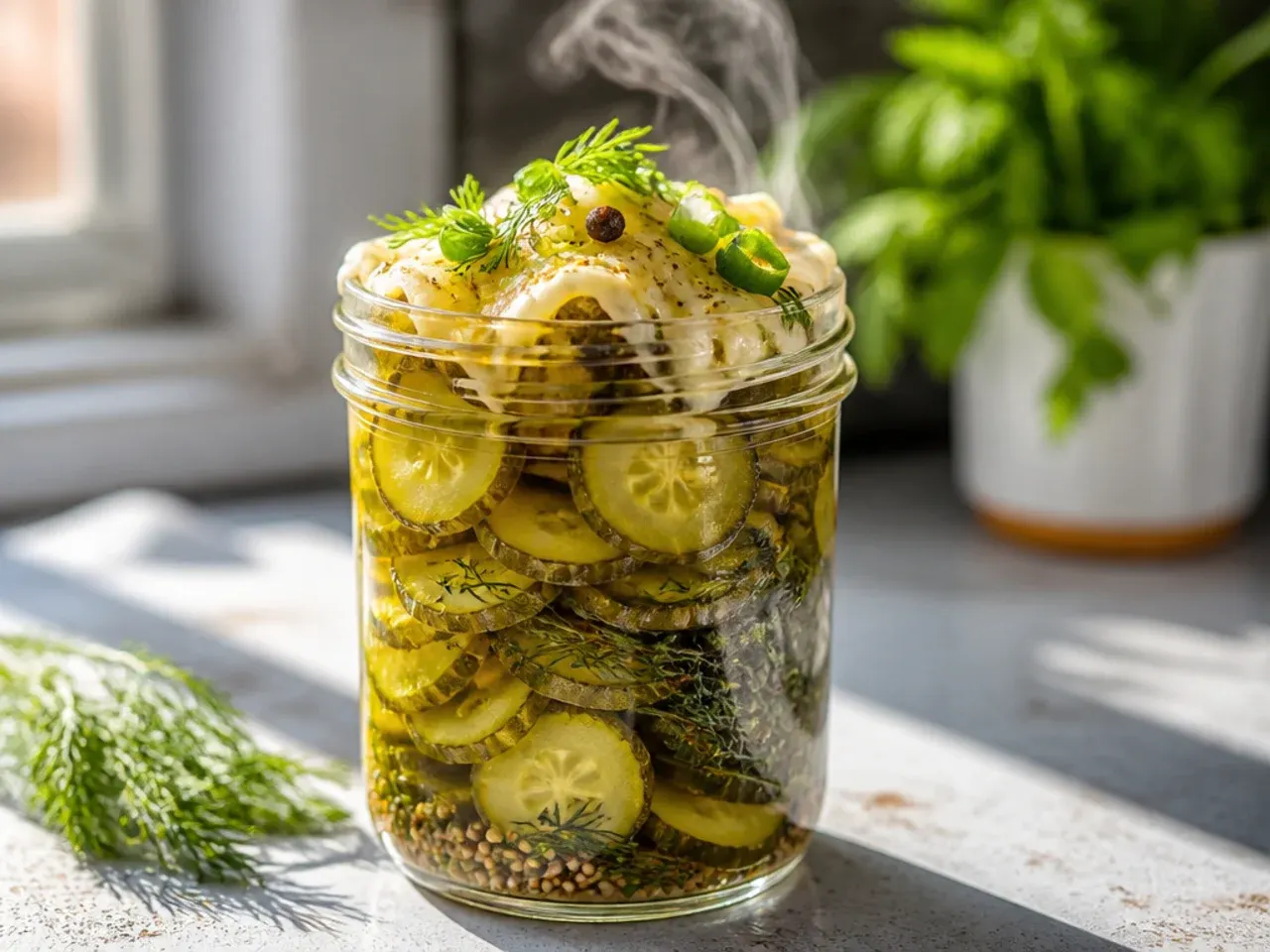 Small single 16-ounce jar of dill pickle spears next to fresh cucumbers