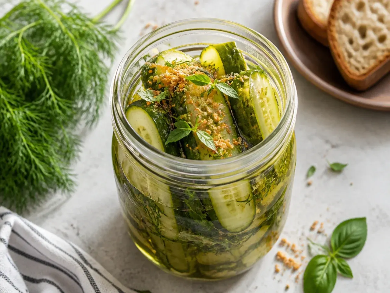 Finished jar of crunchy dill pickle spears with garlic, dill and a tea bag visible