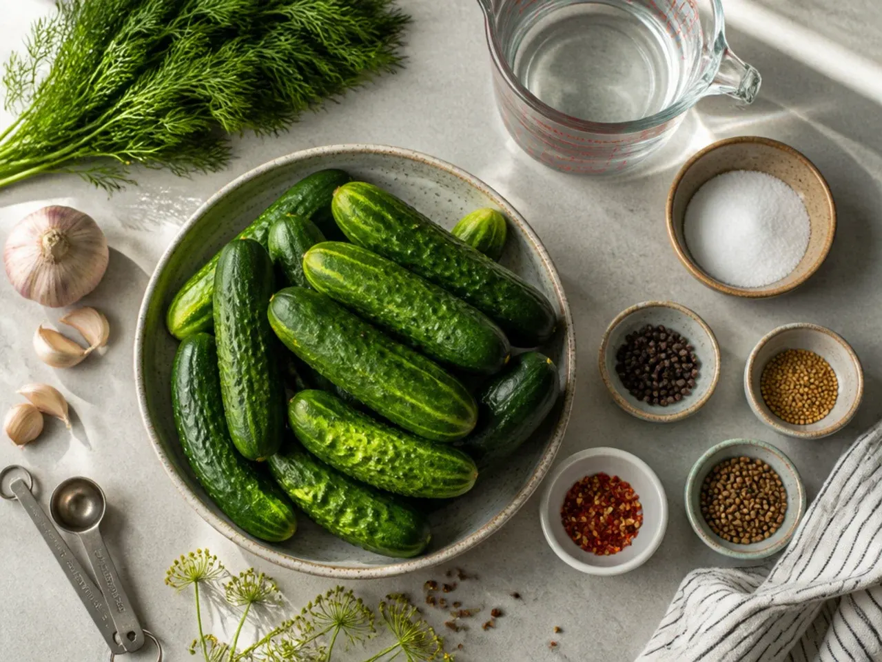 Clean glass jars and cucumbers laid out ready for pickling on a kitchen counter