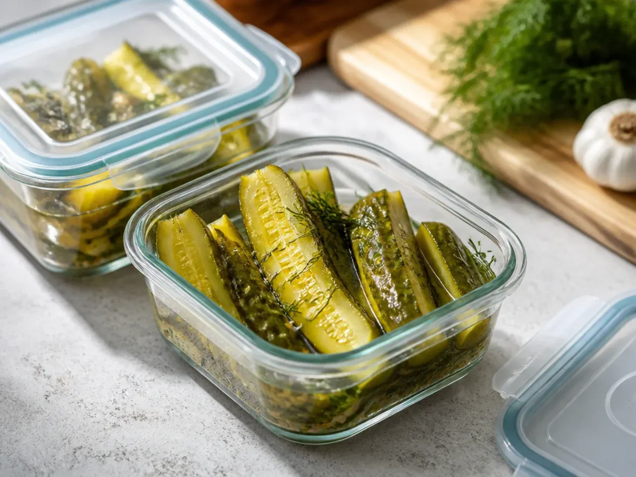 Jar of dill pickles back in the fridge door next to other condiments