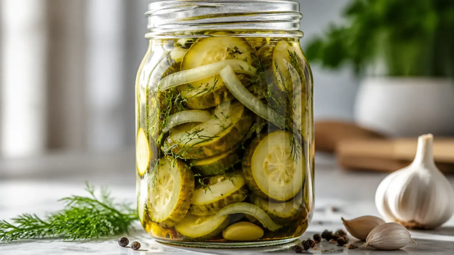 Overhead shot of glass jars filled with sliced cucumbers and onions in golden pickling brine