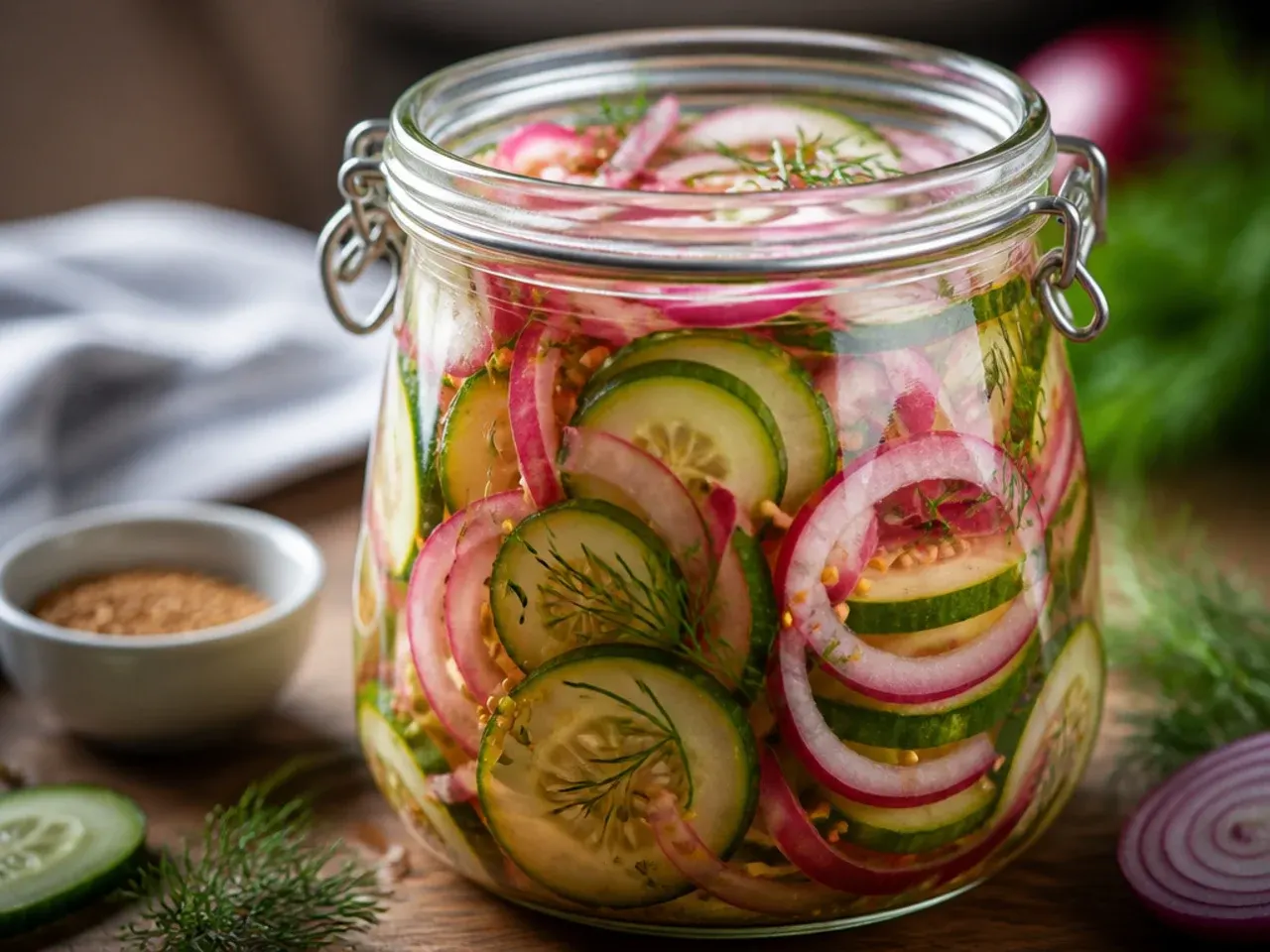 Overhead shot of jars filled with sliced cucumbers and onions in pickling brine
