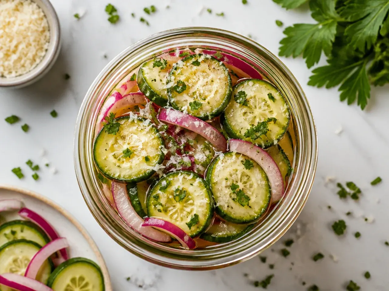 Close-up of classic sweet and tangy cucumber and onion pickles in a mason jar