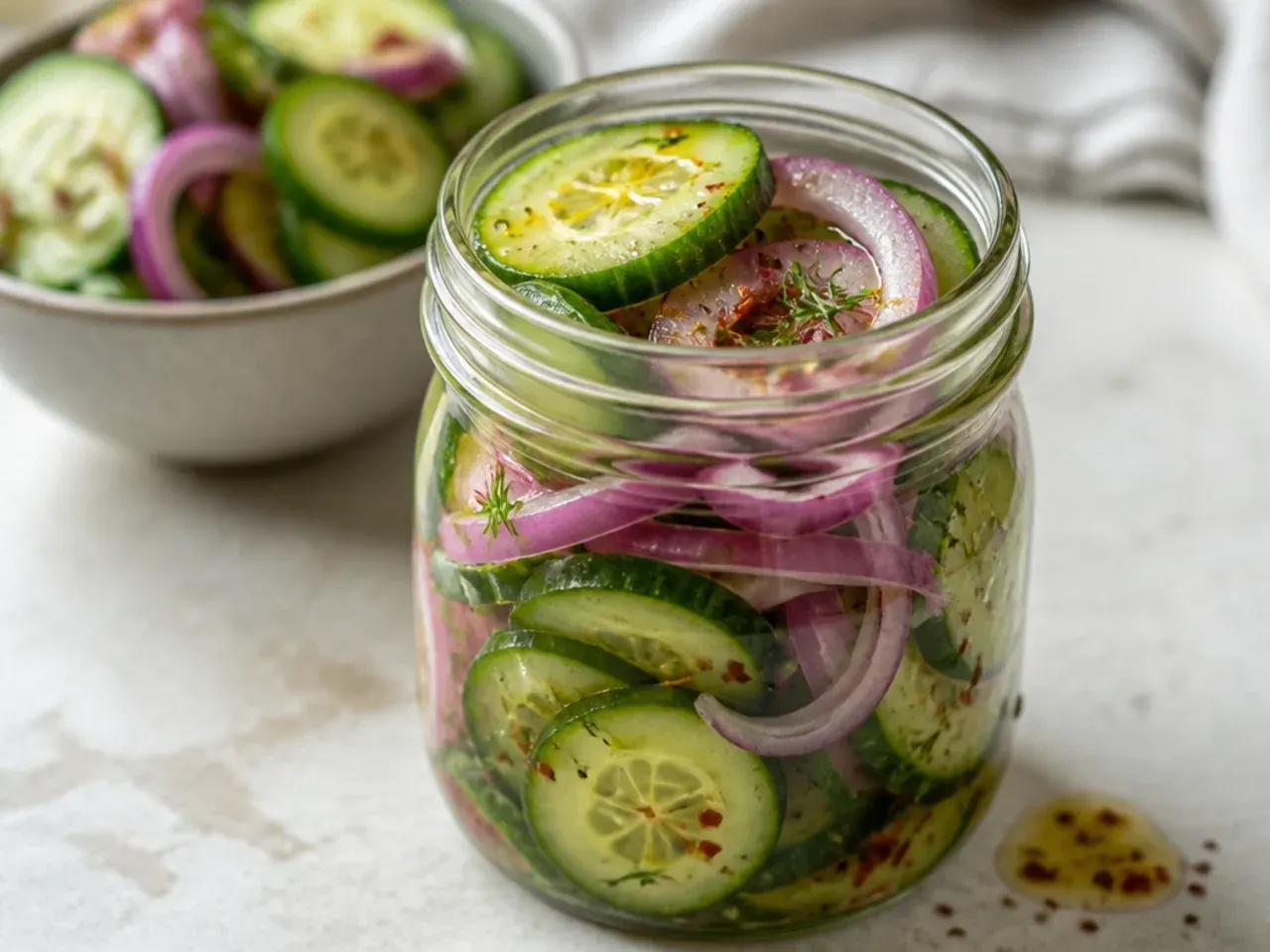 Hands pouring a cold vinegar brine over sliced cucumbers in a glass jar